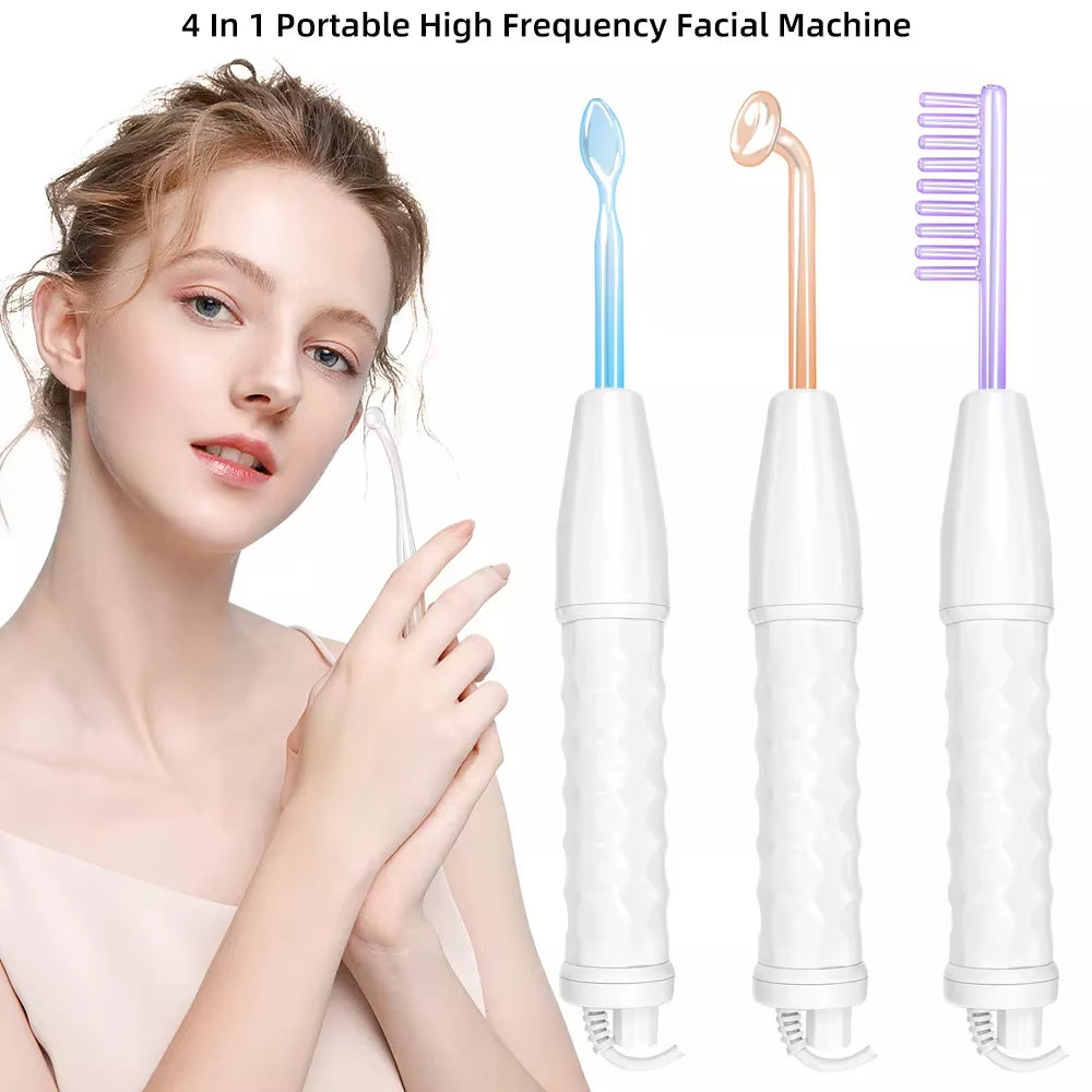 4-IN-1 Portable High Frequency Facial Beauty Machine Electrode Purple Light Glass Tube Wand Acne Massage Facial SPA Skin Care